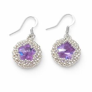 Silver Beaded Earrings with Purple Crystal